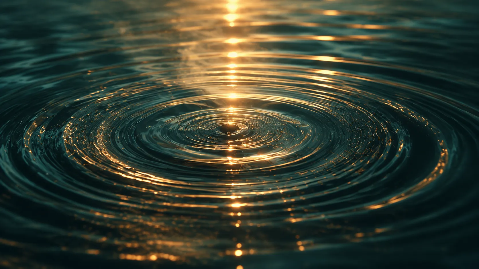 Concentric golden ripples spreading across dark water